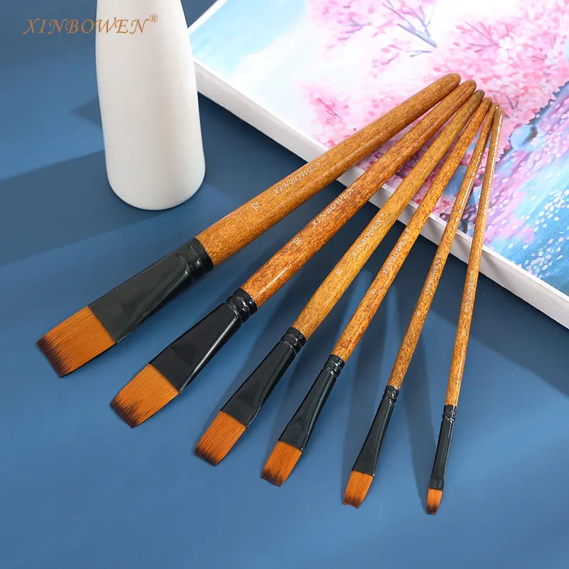 Xin Bowen Latest Products Professional Big Size Brown Color 6 Pcs Flat Artist Paint Brushes Set