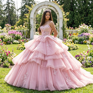Vestido de Quinceañera Rosa Dy6558, Largo hasta el Suelo, Escote Corazón, con Lentejuelas y Encaje, Cuentas y Flores, Cintura Imperio, Jancember - Product Image 1