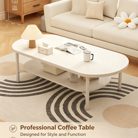 Table basse ovale blanc crème avec étagère de rangement à 2 niveaux, table centrale double couche de style français moderne pour la décoration du salon