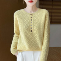 Pull en laine mérinos 100% pour femme, col rond, chaud pour l'hiver, motif losanges, tricoté, style coréen, avec boutons, pull en maille