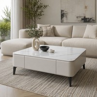 Table Basse Moderne en Bois Blanc Brillant à Bords Courbes, Multi-Sections, avec Plateau en Verre, Durable et Écologique – Prix de Gros