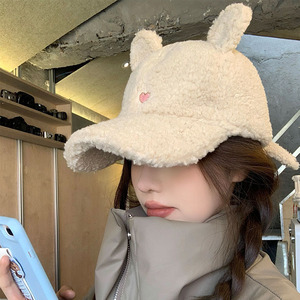 Little Heart Bunny Ear Lamb Baseball <b>Cap</b> Beige <b>Winter</b> Hat For Women Cute Style Warm Autumn And <b>Winter</b> Casual Wear - Product Image 3