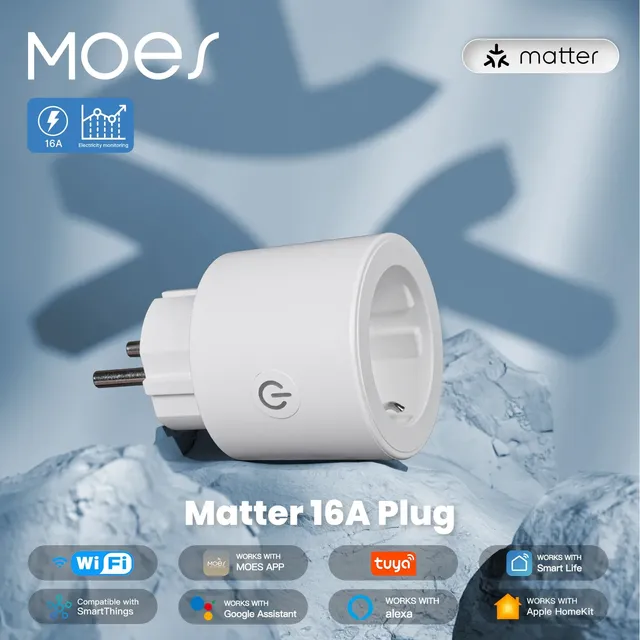 MOES Tuya Smart Matter Plug WiFi Socket 16A Outlet Power Monitor Remote Control for IOS/Android for Home Google Home Alexa