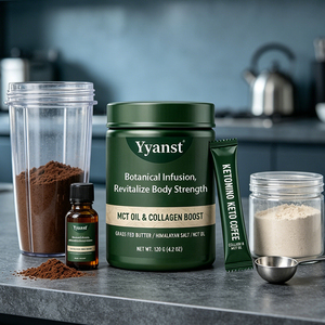 Café Instantáneo Keto Botánico con Colágeno y Aceite MCT, Envase de 120g, Frasco Redondo de Plástico Sellado Verde Oscuro, Etiqueta Personalizada OEM, Suministro al por Mayor - Product Image 6