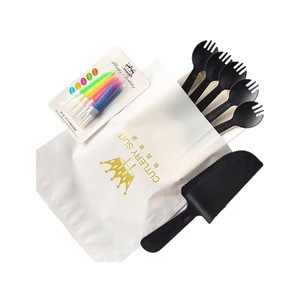 Ensemble de couverts pour gâteau d'anniversaire, fourchettes et spatule en plastique noir avec bougies colorées pour fournitures de fête - Product Image 4