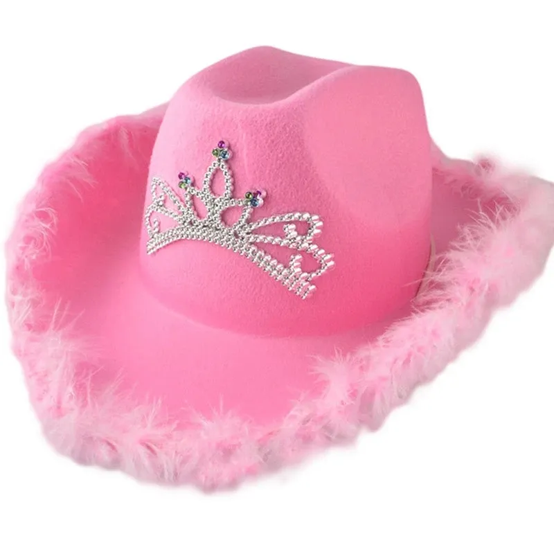 قبعة رعاة البقر ذات التاج الغربي الوردي المصنوع من الفيلس للفتيات والنساء بتصميم مخصص للبيع بالجملة