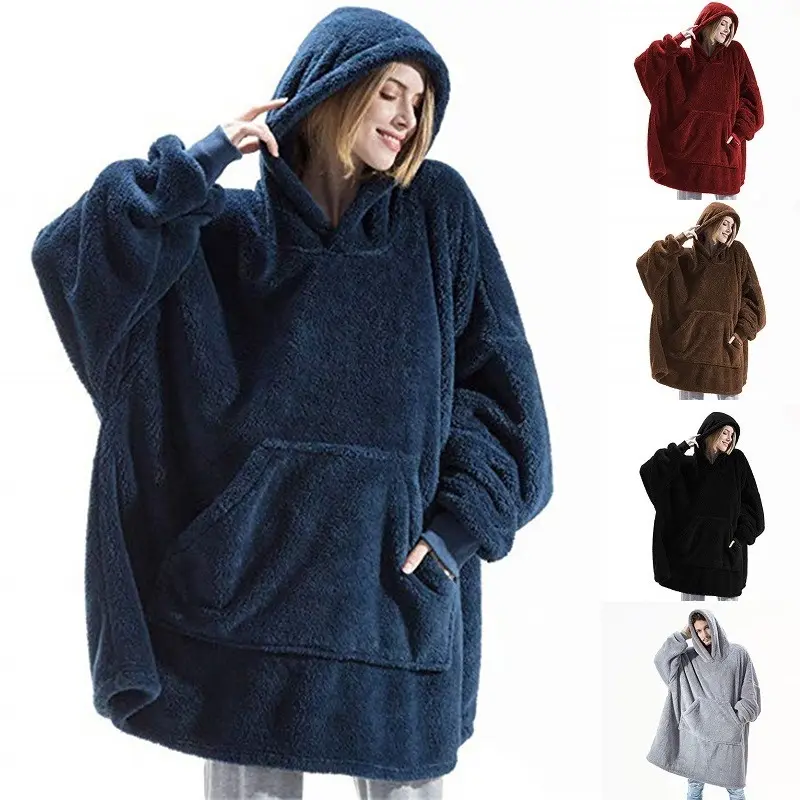 Cross-border autumn and winter comfortable loose double-sided velvet hoodie padded blanket couples new home clothing