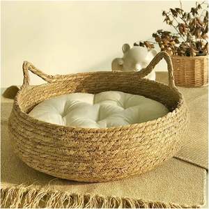 Ama-zon Hot Sale Natur strohnest Gewebtes handgemachtes Haustier haus Winter Warmes Katzen bett Katzen kratz brett Hunden est mit weichem Kissen - Product Image 4