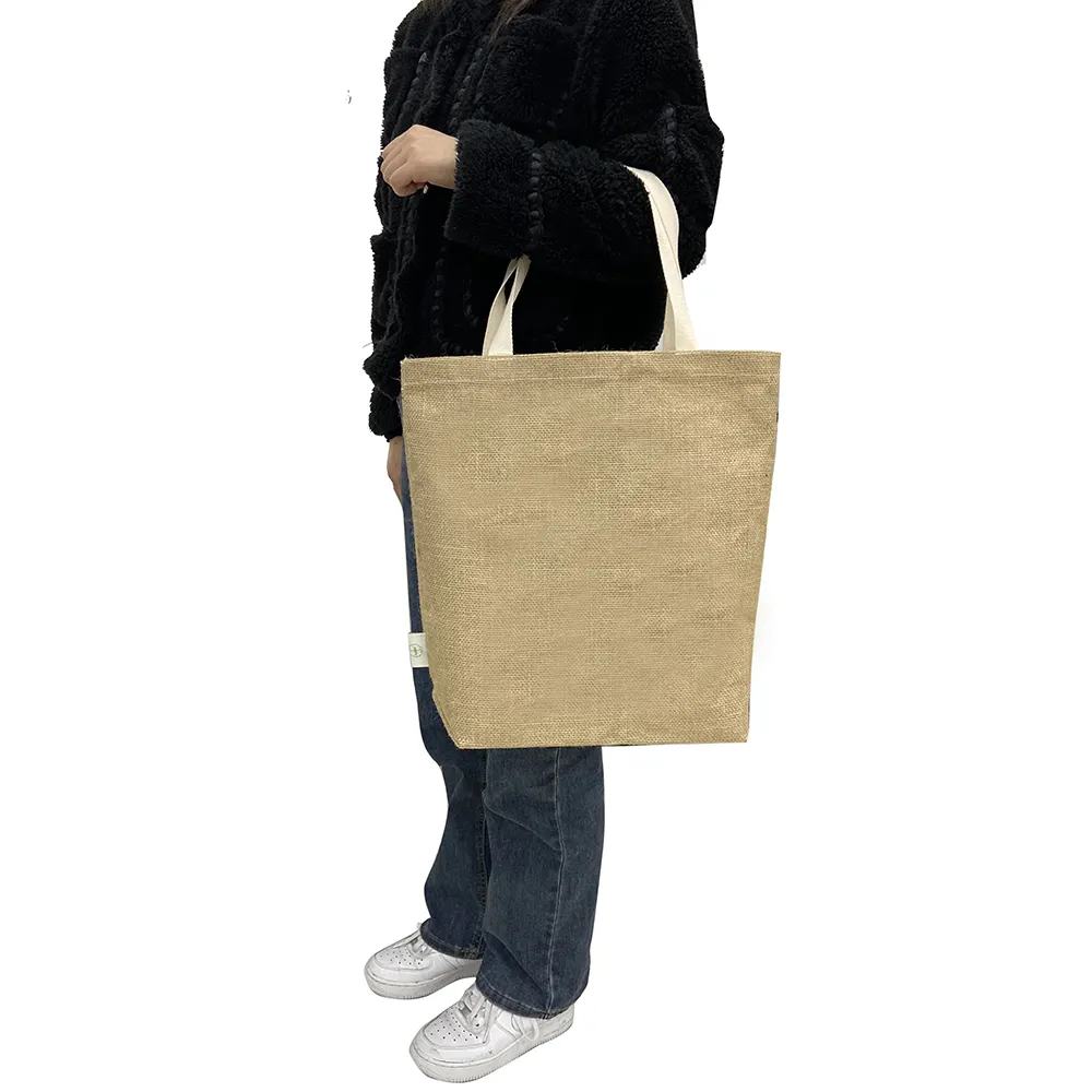 Toptan özel baskı doğal geri dönüşümlü jüt alışveriş çantası çevre dostu çuval bezi Tote çanta baskılı Logo ile