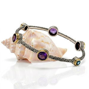 Natural <b>Amethyst</b>/Garnet and Blue Topaz Trendy Claw Setting Bangle Women's Jewelry Gift for Engagement - Product Image 1