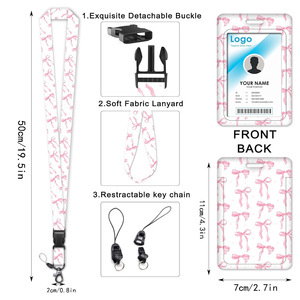 Cross-border pink bow card holder polyester lanyard set retractable badge scroll easy-pull women's gift - Product Image 3