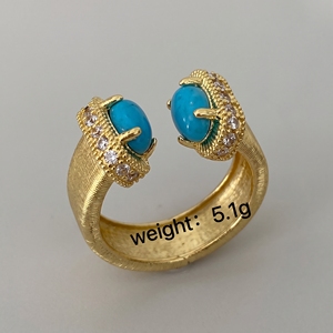 Set di Bracciale Aperto e Anello con Texture Spazzolata Vintage, Placcato Oro, in Rame con Pietra Ovale Colorata, Regalo di Gioielleria per Lei - Product Image 4