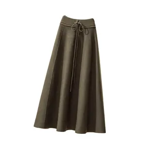 Saia midi de cintura alta feminina, elástica, cintura alta, plissada, corte em linha a, vintage, para outono/inverno