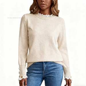 Pull en tricot à col rond et manches longues pour femme, avec bordure en dentelle patchwork, boutonné, tendance automne/hiver - Product Image 3