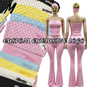 Set Due Pezzi alla Moda Y2K con Stampa a Pois, Logo Personalizzato, Top Senza Spalline, Pantaloni a Vita Alta e Gamba Larga, Elasticizzati - Product Image 5