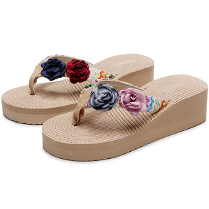 New Summer Ins Style Floral Flip Flops Wedge Thick Sole Clip Toe Beach <b>Slippers</b> Plus Size Outdoor Sandals for Women - Product Image 5