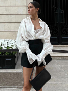 Camicetta <span class=keywords><strong>Bianca</strong></span> Oversize da Donna con Dettaglio Intrecciato Frontale e Maniche a Sbuffo, Camicia Casual a Maniche Lunghe con Polsini Svasati - Product Image 6