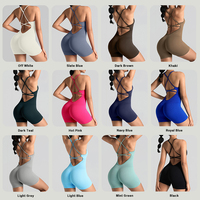 Combinaison-short de sport sans couture, extensible dans les quatre sens, avec effet ventre plat, froncée aux fesses, dos nu à bretelles, grande taille, écologique, unitard