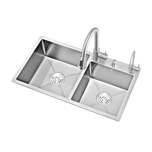 <span class=keywords><strong>Lavello</strong></span> da cucina fatto a mano doppio piatto Nano acciaio inossidabile addensato sotto-bancone dimensioni con due fori - Product Image 1