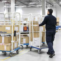 Chariot industriel à 3 côtés en treillis métallique blanc avec roues, conteneur logistique en acier robuste pour entrepôt