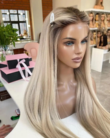 Perruque Lace Front en Cheveux Humains Blond Platine avec Mèches Blondes et Racines Ombrées pour Femme