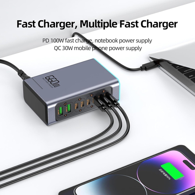 Trending Kabbol High Power GaN Multi-port Desktop Charging Station 660W PD Power Battery Charger 8 Ports 6C2A Home Office Fast