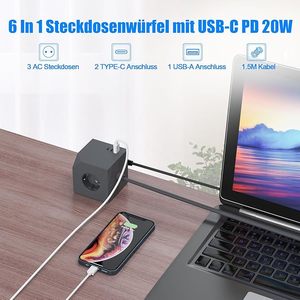 Modern 3 AC Outlets Universal Power Strip with 2 <b>USB</b>-A 1C PD 20W 1.5m Cable EU <b>Plug</b> Standard Wall Socket Product - Product Image 5