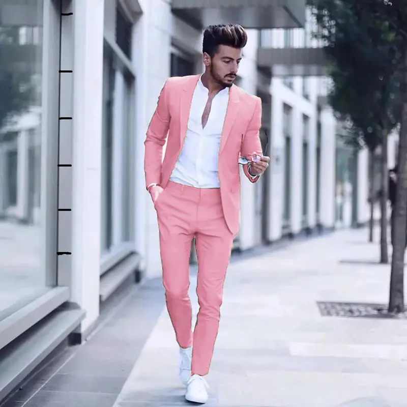 Men's 2 Pieces Set Casual Fashion Luxurious Business Men's Suit for Wedding Party Tuxedos Slim Fit Lapel Pink Suit Costume Homme