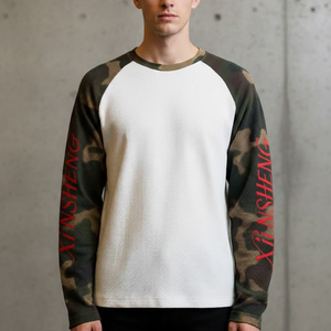 Bekleidungshersteller Maßgeschneiderte Stickerei Colorblock <span class=keywords><strong>Patchwork</strong></span> Waffel Camo Tarnmuster Langarm T-Shirt für Herren - Product Image 2