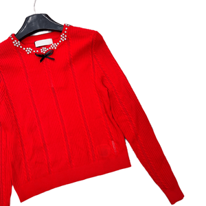 Suéter de punto acanalado con detalle de lazo de diamantes de imitación para mujer, top informal de manga larga con cuello redondo - Product Image 6