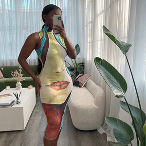 Vestido Midi elástico sin mangas con estampado 3D para primavera y verano, traje Sexy con estampado de labios rojos, cuello de tortuga, ropa informal para mujer <span class=keywords><strong>2022</strong></span> - Product Image 2
