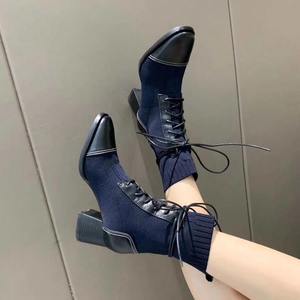 Chaussures d'hiver en cuir à talons hauts pour femme, bottes à bouts ovales style lacets, talons compensés - Product Image 1