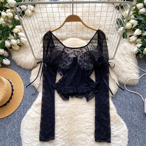 Blouses en dentelle <span class=keywords><strong>sexy</strong></span> à manches longues pour femme, chemises unies en dentelle, hauts <span class=keywords><strong>sexy</strong></span> pour femme, vêtements pour femme en gros - Product Image 4
