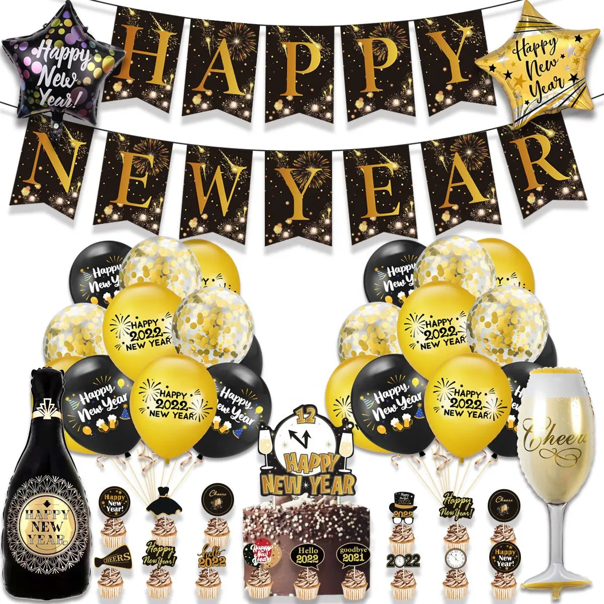 Forniture per feste di capodanno Set di decorazioni per palloncini di capodanno nero e oro Happy New Year Round Balloon Star Champagne For