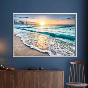 <b>Canvas</b> Art Print: Coastal Sunrise Beach - Ocean Wave Design,WHITE <b>FRAMED</b> <b>CANVAS</b> - Product Image 3