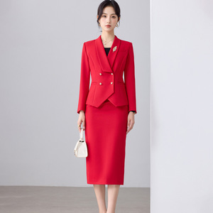 Red Women's Suit Set Midi Skirt Polyester Worsted Anti-Wrinkle Commute Style - Product Image 1