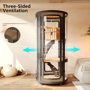 Villa pour <span class=keywords><strong>chat</strong></span> de luxe panoramique 360° circulaire, cage multi-niveaux en bois avec zone d'activités, base à roulettes, griffoir et jouet suspendu inclus - Product Image 3