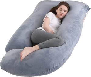 Oreiller complet en forme de J pour femmes enceintes Housse en velours Oreiller de maternité gris Techniques tissées pour le confort Soutien à la <span class=keywords><strong>grossesse</strong></span> - Product Image 1