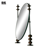 DX DESIGNS Oval Tabletop Mirror with Solid Dark Wood Geometric Stands Luxury Mid-Century Modern Decorative Vanity Mirror