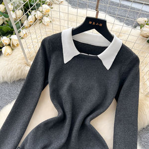 Abito in Maglia a Maniche Lunghe con Colletto a Contrasto per Donna Primavera 2025 (Midi Plissettato con Vita Impero) Stampa Floreale ODM Casual <span class=keywords><strong>Quotidiano</strong></span> - Product Image 2