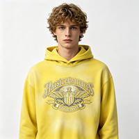 Hoodie Pria Sun Faded Vintage Wash Efek Pewarna Kuning Cetak Grafis Perisai Elang Bahan Katun Tebal Langsung dari Pabrik
