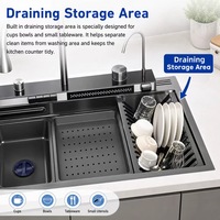 Évier de cuisine intelligent multifonctionnel en acier inoxydable fait main, grand bac unique, design moderne, avec robinet, à effet cascade style touches de piano