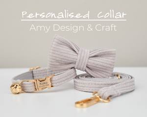 Ensemble laisse et collier en velours côtelé fait main avec nœud papillon, gris clair, pour chat et chiot, avec clochette dorée et étiquette nominative personnalisée - Product Image 3