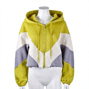 Women's Color Block <b>Cropped</b> <b>Zip</b> <b>Up</b> Hoodie Casual Drawstring Hooded Sweatshirt Long Sleeve Streetwear Jacket - Product Image 1