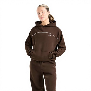 <b>Women's</b> Brown Fleece Hooded <b>Sweatshirt</b> With <b>White</b> Logo And Kangaroo Pocket Autumn Streetwear - Product Image 1
