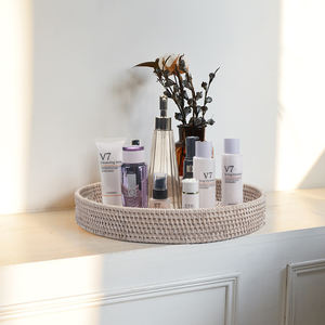 Plateau de table basse rond en rotin blanc tressé moderne et durable avec poignées pour la décoration de la maison et de la cuisine - Product Image 5