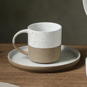 2024 Ceramic mug supplier clay white stripe bulk custom coffee mugs tea cup for drinking with handle