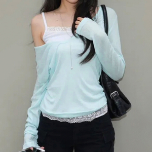 Blusa de punto ligera para mujer, cuello en V, manga larga, ajuste holgado, informal, básica y a la moda, color azul claro - Product Image 2
