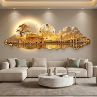 Horloge murale moderne de luxe en MDF sculpté avec rétroéclairage LED en acrylique, motif Temple Doré, Arbre Doré, Pleine Lune, pour la décoration de la maison et des hôtels
