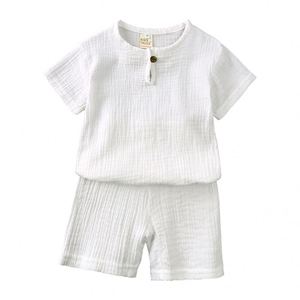 夏季儿童男童纯色休闲套装棉麻短袖T恤短裤两件套男童衣服套装 - Product Image 4